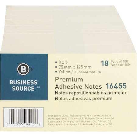 Business Source Notes, Adhesive, 3X5, 18Pk, Yw BSN16455